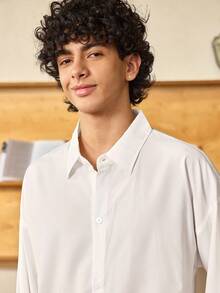 Open Phase STONE DISTRICT 男士纯色落肩衬衫，休闲衬衫，宽松服装，学院风 - 白色 - 查看 6