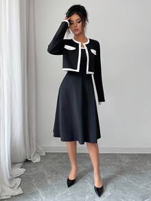 Rafferiza 2件套女士法式拼布长袖连衣裙 - 黑色 - 查看 5