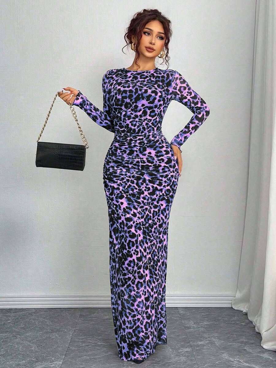 Rafferiza Women Elegant Leopard Print Fitted Mesh Sheer Long Sleeve Dress, Suitable For Spring And Autumn Maxi Women Outfit - Violet Purple - View 1