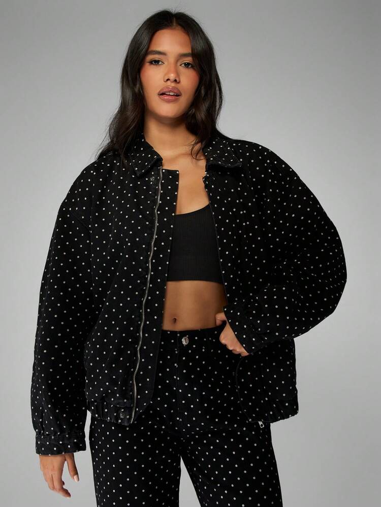 MISSGUIDED Giacca bomber in denim a pois in cotone con design classico, adatta per la moda invernale e autunnale, con stampa all-over in stile vintage, lunghezza corta, streetwear