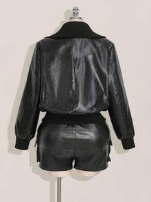 SHEIN ICON Plus Size Black Retro Y2K PU Leather Jacket, Autumn/Winter