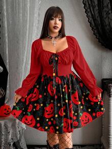 Whyspr Nuevo vestido corto elegante de línea A con cintura ceñida, diseño de vacaciones de Halloween con estampado de calabaza, manga de farol con lazo decorativo en el cuello, romántico - Burdeos - Ver 6