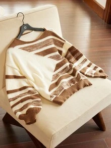 Écloséra Femmes Vintage Décontracté Épaule Tombante Manches Longues Chandail Rayé Contrasté, Automne/Hiver