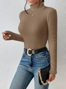 SHEIN Frenchy 高领罗纹针织紧身毛衣 - 卡其色 - 查看 3