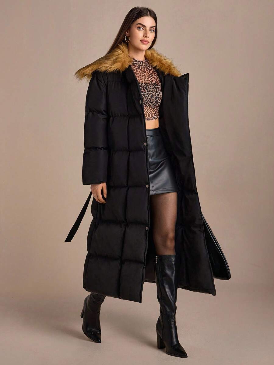 CLARA VERO Women's Solid Belted Detachable Trimmed Faux Fur Detailed Elegant Oversized Long Winter Coat - Black - View 1