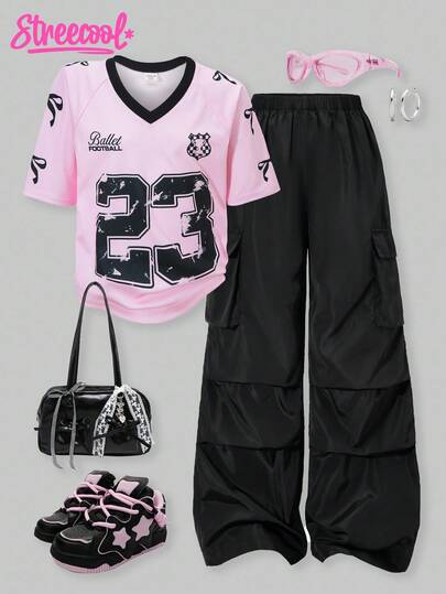 SHEIN Explorewe 2 Pieces Set: Tween Girl American Style Graphic T-Shirt With Shoulder Contrast And Appliqued Cargo Pants Outfit Sets Teens Set Outfit For Teens