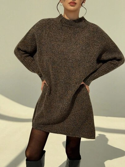 Aloruh 渐变棕色年轻女士音乐节雪纺渐变蝙蝠袖高领毛衣连衣裙，女士秋冬