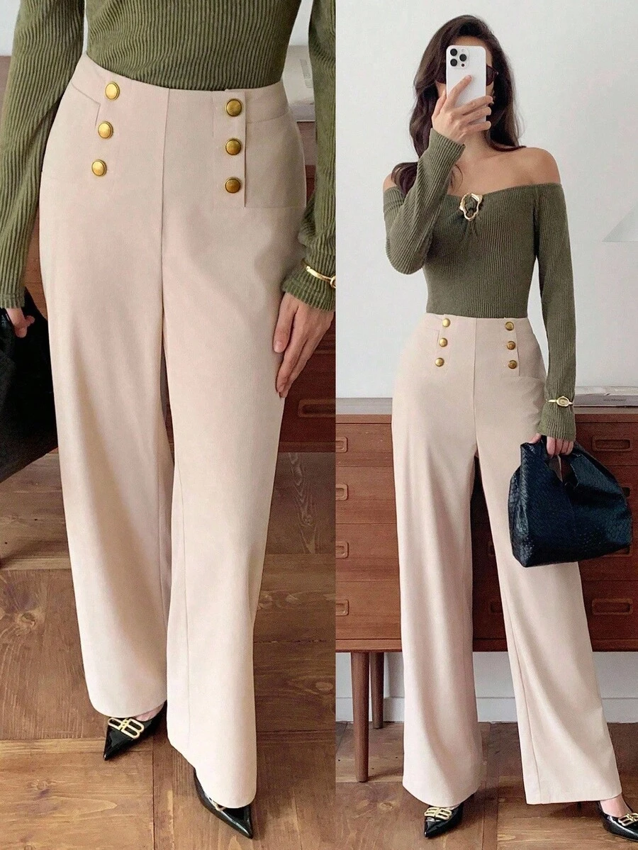 Elyressa 女式休闲双排扣装饰宽松裤 - 杏色 - 查看 1