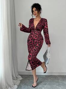 Elenzga Deep V-Neck Ruched Long Sleeve Elastic Cuff Split Hem Bodycon Dress Maxi Women Outfit - Burgundy - View 4