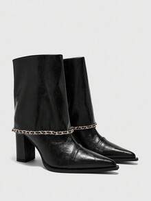 CUCCOO BIZCHIC 方头中筒靴 | 金色链条装饰 | 哑光皮革外观 | 粗跟，适合全天穿着 | 2 双，优质合成材料 - 黑色 - 查看 1
