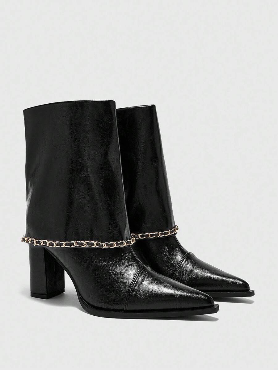 CUCCOO BIZCHIC 方头中筒靴 | 金色链条装饰 | 哑光皮革外观 | 粗跟，适合全天穿着 | 2 双，优质合成材料 - 黑色 - 查看 1