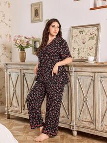 CottageSlumber Plus Size Ditsy Floral Ruffle Collar Open Front Pajama Set - Multicolor - View 4