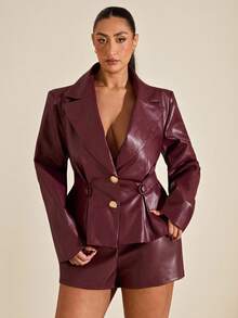Wellenrocha Plus Size Women's Solid Color Lapel NeckLong Sleeve Single-Breasted PU Leather Elegant Jacket, Autumn - Burgundy - View 5