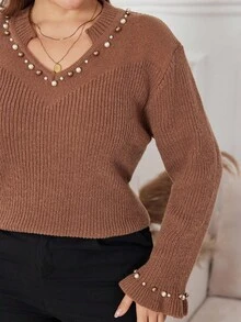 Lacomfia Plus Size Elegant Beaded Embellished Sweater, Autumn/Winter - Coffee Brown - View 6