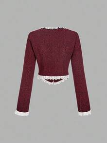 SHEIN MOD Women's Burgundy Double-Breasted Lace Vintage Cropped Jacket In Fall/Winter