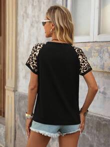Brillora Leopard Print Raglan Sleeve Tee For Summer Basic Tees - Black - View 3