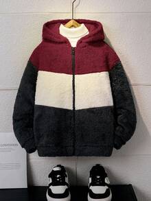 SHEIN Tween Boy Plush Patchwork Zipper Economy Jacket Boys Fall Clothes Kids Fall Clothes Fall Blouses Kids Winter Clothes Toddler Boy Fall Clothes Cute Sweater Halloween Kids Clothes Fall Blouses Fall Shirts Halloween Shirt Black Shirt Suitable For Commuting To School Daily Leisure College Travel Suitable For Sports Suitable For Fall And Winter Season - Burgundy - View 4