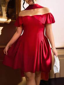 Roveilla Váy ngắn hở vai lãng mạn thanh lịch cỡ lớn dành cho nữ có dây thắt lưng, váy Giáng sinh ngắn xếp nếp, váy ôm eo, váy đỏ gợi cảm, váy sinh nhật, váy lãng mạn, váy dự tiệc - Đỏ - Xem 9