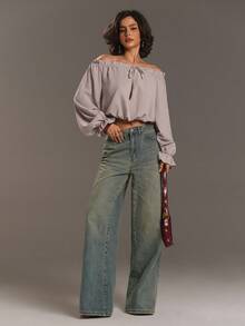 Aloruh 露肩荷叶边饰前系带优雅衬衫，适合休闲和通勤穿着 - 卡其色 - 查看 2