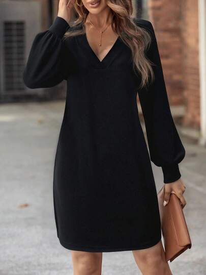 SHEIN New Style Black V-Neck Lantern Sleeve Casual Dress, Autumn