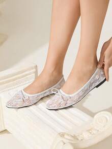 CUCCOO HITCHD 2025 Spring Autumn New Wedding Style Bowknot Decor Solid Color Pointy Toe Mesh Breathable Comfortable Versatile Casual Flat Shoes