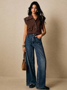 Poéselle 女士休闲宽松针织 Polo 领背心，秋冬 - 棕色 - 查看 2