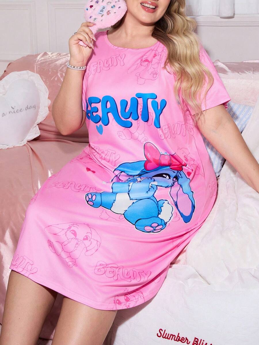 SweetSlumber Camicia da notte da donna taglia comoda con collo rotondo e maniche corte, pigiama da donna con stampe di cartoni animati, pigiama rosa carino da donna