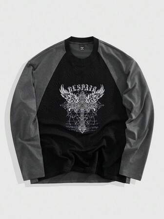 Street Life Sudadera casual de cuello redondo para hombre con estampado de cruz de ala y parches, de manga larga con contraste de color, para otoño