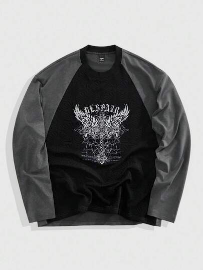 Street Life Felpa casual da uomo con scollo rotondo, stampa a croce alare, patchwork, contrasto di colori, maniche raglan a lungo, adatta per l'autunno