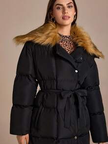 CLARA VERO Women's Solid Belted Detachable Trimmed Faux Fur Detailed Elegant Oversized Long Winter Coat - Black - View 7