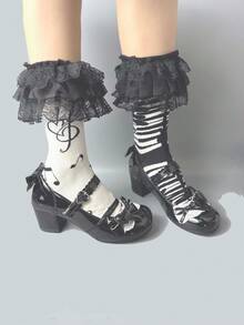 ROMWE Kawaii 女款素色蕾絲飾邊中筒襪，時尚日常穿搭 - 黑與白 - 查看 4