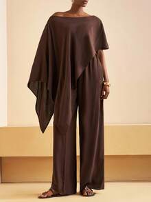 Zivah 2025 秋季新款音乐节、复活节、圣帕特里克节、西部风、游牧风、生日派对、毕业典礼、学院风、学生装、日常休闲、百搭百搭、休闲、邮轮旅行、海滩、日光浴、网络热播、街头潮流、婚礼宾客波西米亚风、通勤、早午餐、机场、派对、节日出游、优雅盛典、女士宽松亚麻不对称肩部斗篷上衣（棕色）和裤子 - 棕色 - 查看 3