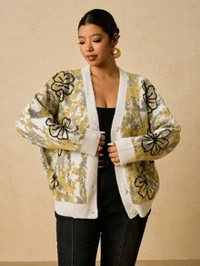 Travachic Plus Size Cardigan Sweater, Women's Winter Sweater Fall Clothes For Women, New Year Outfit, Thanksgiving Outfit For Women, Elegant Women's Blouses, Casual Blouses For Women, Brown Top Warm And Comfortable Sweater, Yellow Floral Patterned Knitted Jacket Containing Wool