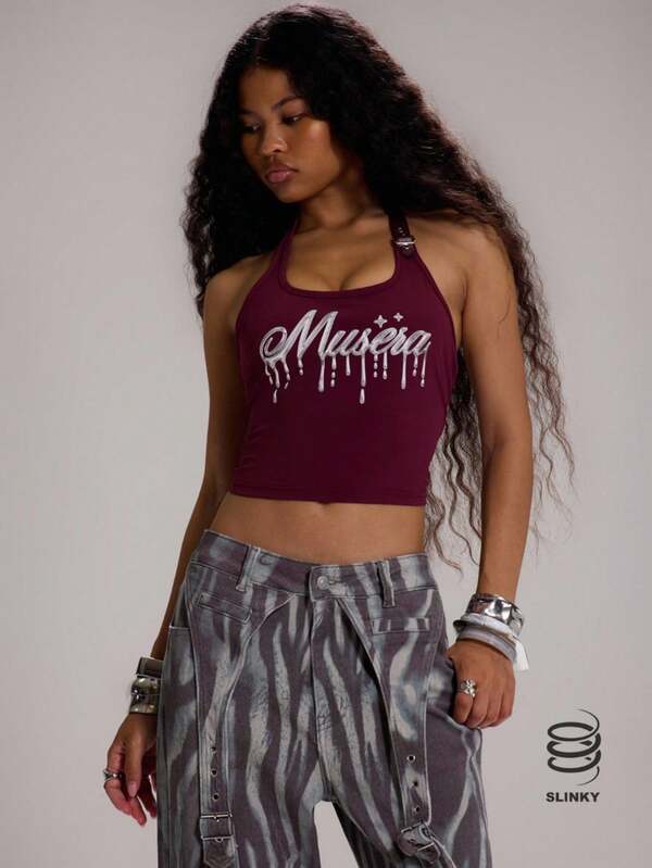 MUSERA Top corto ajustado con estampado gráfico, cuello halter y hebilla, sexy para salir, elegante para otoño, invierno y estilo distópico