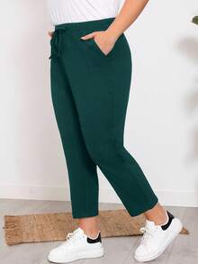 EMERY ROSE Quần buộc dây màu trơn cỡ lớn cho nữ, đa năng và tối giản để mặc hàng ngày - Màu xanh lá cây đậm - Xem 5