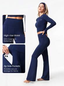 GLOWMODE 31" FeatherFit™-Warm HeatForm Soft Chill Stretchy High-Rise Waist Front Seam Zipper Side Pockets Leggings Low-Impact Yoga Pilates Studio Daily Casual Fall Winter - Dark Blue - View 4