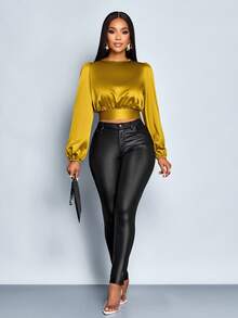 SOLERSUN 女士时尚灯笼袖系带缎面衬衫收腰衬衫，冬季服装，秋季，优雅，日常通勤，外出，休闲