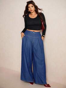 Elaquor Plus Size High Waist Wide Leg Jeans, Fashionable For Commuting/Winter Wide Leg Jeans Woman Denim For Women Cowboy Pants For Women - Medium Wash - View 2