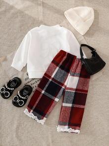 SHEIN Baby Bow Decor Top & Plaid Pants Set Fall Winter - Multicolor - View 2