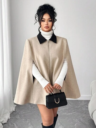 Elenzga 圣诞永不过时，古灵精怪优雅系列（忧郁气质）（周三美学）加大码女式梭织实用黑色翻领拉链卡其色宽松肩部贴片棉质外套