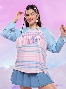 My Little Pony X SHEIN 加大码条纹马匹印花长袖 T 恤，秋季可爱上衣 Y2k 女式套头衫女式套头衫可爱女式上衣卡通图案上衣 - 彩色 - 查看 7