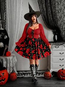 Whyspr Nuevo vestido corto elegante de línea A con cintura ceñida, diseño de vacaciones de Halloween con estampado de calabaza, manga de farol con lazo decorativo en el cuello, romántico - Burdeos - Ver 4