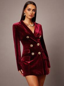 Silquee Women's Solid Color Long Sleeve Double-Breasted Fashion Lapel Blazer Burgundy Dress For Women Blazer Dress Velvet Dress Double-Breasted Blazer Dress Red Wine Dress Christmas Is Suitable For Graduation Party, Wedding Guest Dress, Date, Banquet, Party, Sister Gathering, Dance Burgundy Autumn Winter Clothes For Women - Burgundy - View 5