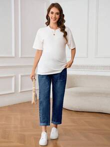 SHEIN 孕妇高腰破洞撞色牛仔裤