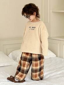 DAZY 2件套儿童男童圆领抓绒字母刺绣卫衣+裤子家居服套装，冬季 - 卡其色 - 查看 4