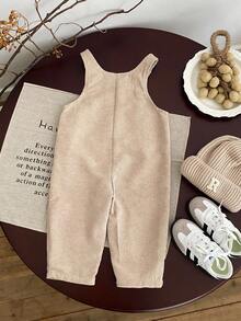 SHEIN 休闲运动可爱落肩宽松口袋背带裤工装裤，适合男宝宝和女宝宝，秋冬季 - 卡其色 - 查看 5