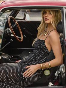 Aralina Fall / Winter Halter Neck Tie Up Polka Dot Y2K Maxi Dress With Ruffle Detail For Going Out And Night Out Dress Perfect For Homecoming