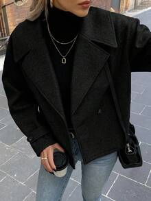 SHEIN PETITE Casual Solid Color Long Sleeve Cropped Jacket For Women - Black - View 6