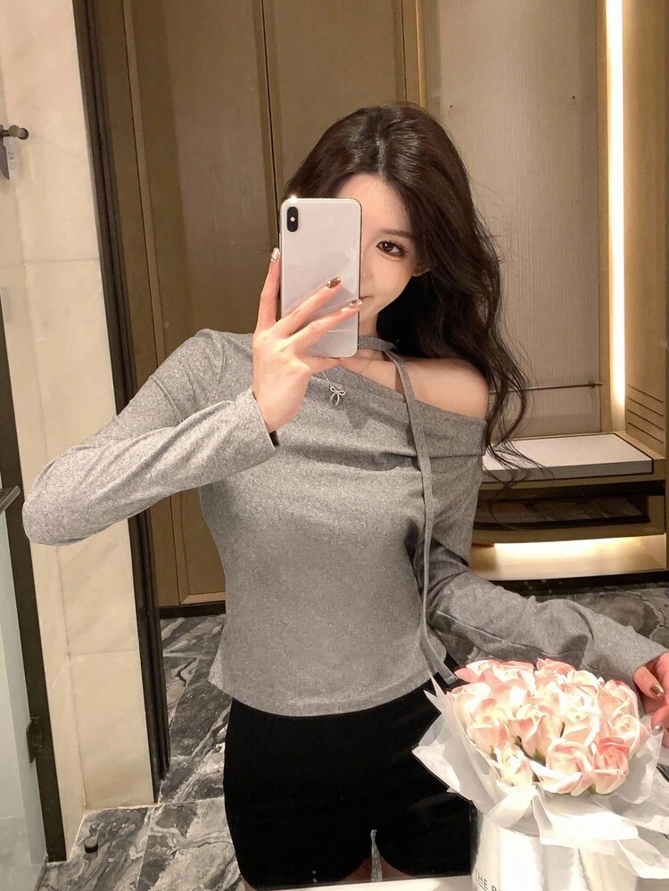 Women's Casual Oblique Shoulder Tie Long Sleeve T-Shirt, Minimalist Design For Everyday Wear,Fall Clothes