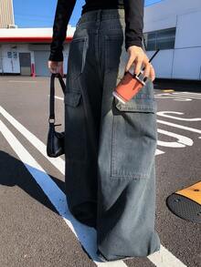 DAZY 女式口袋阔腿宽松休闲百搭牛仔裤，宽松牛仔裤 - 深灰色 - 查看 1